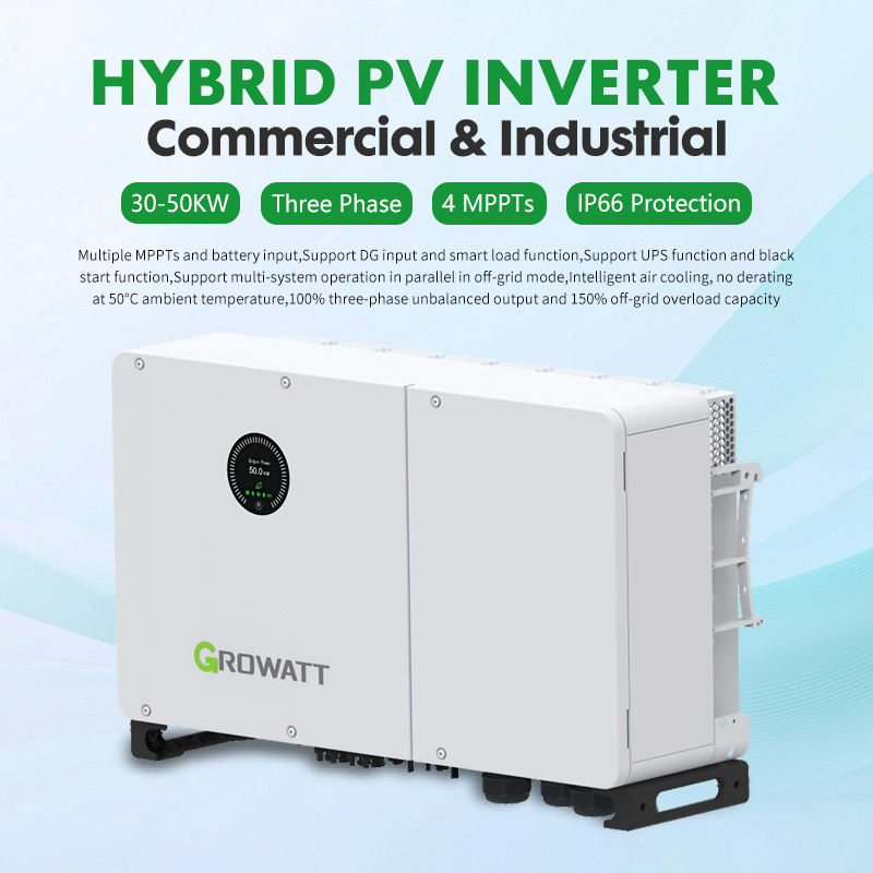 Inversor solar h&iacute;brido trif&aacute;sico Growatt WIT 30-50kW, 4 rastreadores MPPT, protecci&oacute;n exterior IP66 para almacenamiento de energ&iacute;a comercial