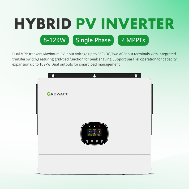Growatt SPE 8000-12000 ES Onduleur solaire hybride monophas&eacute; 8-12 kW, 2 trackers MPPT ind&eacute;pendants, batterie basse tension 48 V compatible pour syst&egrave;me de stockage solaire r&eacute;sidentiel sur r&eacute;seau et hors r&eacute;seau