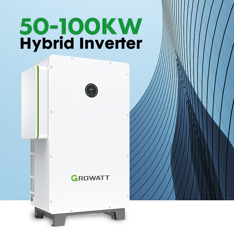 Inversor solar h&iacute;brido trif&aacute;sico Growatt WIT 50-100kW compatible con bater&iacute;a de alto voltaje, red 380/400/415Vac, protecci&oacute;n IP66. Ideal para proyectos de almacenamiento de energ&iacute;a comerciales e industriales